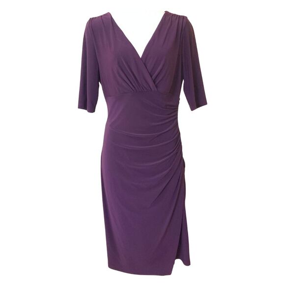 Lauren Ralph Lauren Dress Size 8 Purple Faux Wrap Ruched Short Sleeve V Neck - Picture 1 of 9